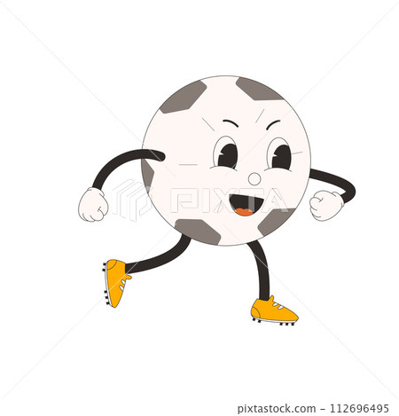 Football ball running groovy character. Soccer retro mascot player. Cartoon sport equipment isolated on white background. Championship game. Vector rubber hose animation style illustration Football ball running groovy character. Soccer retro mascot player. Cartoon sport equipment isolated on white background. Championship game. Vector rubber hose animation style illustration 112696495