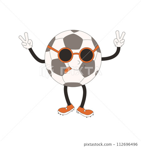 Football ball groovy character in sunglass. Soccer retro mascot. Cartoon sport equipment isolated on white background. Championship game. Vector rubber hose animation style illustration Football ball groovy character in sunglass. Soccer retro mascot. Cartoon sport equipment isolated on white background. Championship game. Vector rubber hose animation style illustration 112696496