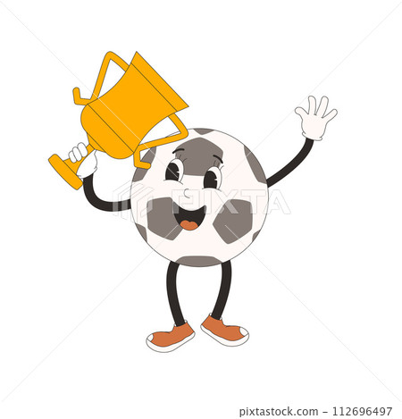 Soccer winner retro mascot. Football ball groovy character with cup. Cartoon sport equipment isolated on white background. Championship game. Vector rubber hose animation style illustration 112696497