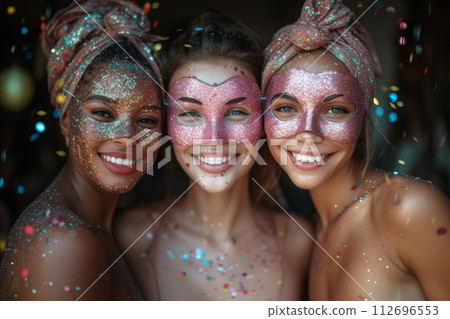 Portrait of three smiling girls at a party. Funny Brazilian women having fun at a street carnival Portrait of three smiling girls at a party. Funny Brazilian women having fun at a street carnival 112696553