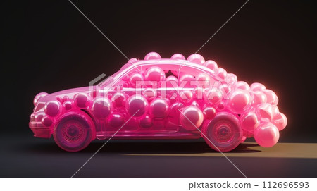 A pure pink car made of bubbles on a black background. 3d illustration 112696593
