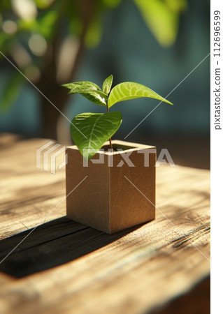 A young green plant in an eco-pot on the floor, a germinating seed in a craft paper pot 112696599