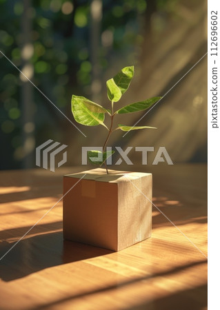 A young green plant in an eco-pot on the floor, a germinating seed in a craft paper pot 112696602