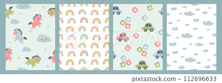 Bohemian baby seamless pattern with cute clouds, rainbow, unicorn and toy car 112696633