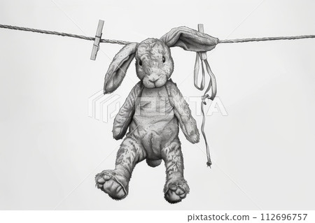 Drawing of a hare hanging on a rope on a white background. Illustration 112696757