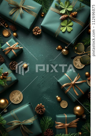 Background for St. Patrick's Day. Top view of gift boxes, clover, lucky hat, gold coins 112696875
