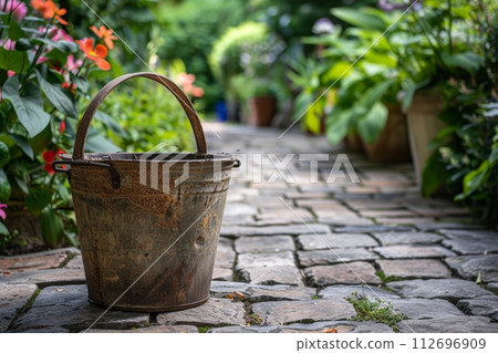 A galvanized metal bucket stands in the summer garden 112696909