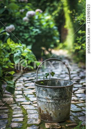 A galvanized metal bucket stands in the summer garden 112696923