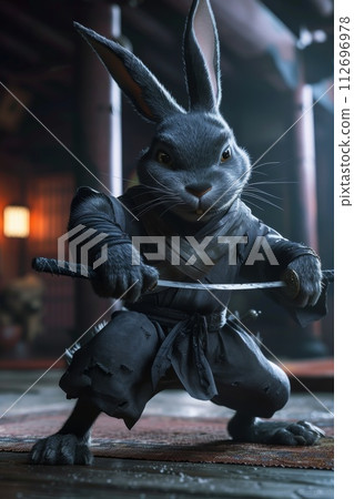 The samurai hare is in the city in the evening. 3d illustration 112696978