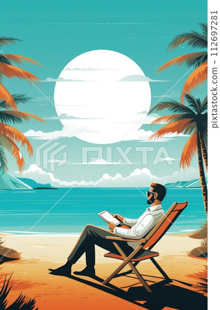AI-generated content. business man work on the beach work life balance concept illustration 112697281