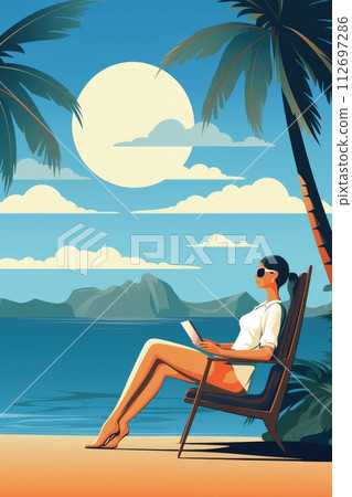 AI-generated content. business woman work on the beach work life balance concept illustration 112697286