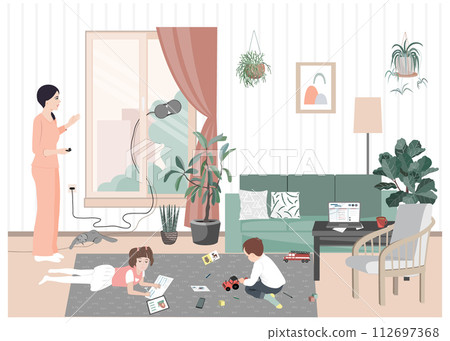 Woman, mom of two kids, cleaning windows at home with vacuum robotic cleaner. Woman that is a mother, housekeeper and business lady at the some time. Vector illustration. Woman, mom of two kids, cleaning windows at home with vacuum robotic cleaner. Woman that is a mother, housekeeper and business lady at the some time. Vector illustration. 112697368