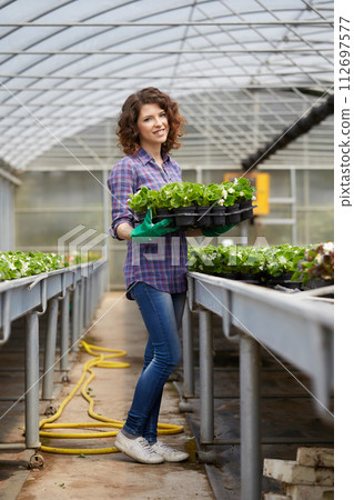 happy female nursery worker trimming plants in greenhouse 112697577