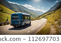 AI-generated content. Postal Car Driving on a Mountain Road on a Sunny Day 112697703