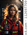 AI-generated content. Young Female Firefighter with Fire Extinguisher during Fire Incident 112697709