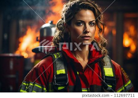 AI-generated content. Young Female Firefighter with Fire Extinguisher during Fire Incident 112697711