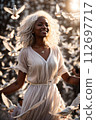 AI-generated content. Young Afro-American Woman with White Doves. 112697717