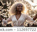 AI-generated content. Young Afro-American Woman with White Doves. 112697722