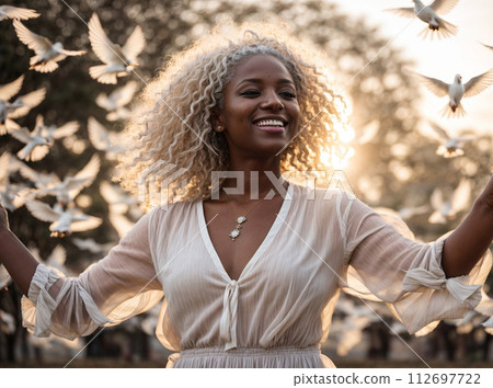 AI-generated content. Young Afro-American Woman with White Doves. 112697722