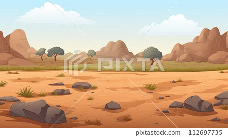 African cartoon landscape. Savanna and hot southern steppe. Rocks and stones. Background with copy space. AI Generated 112697735