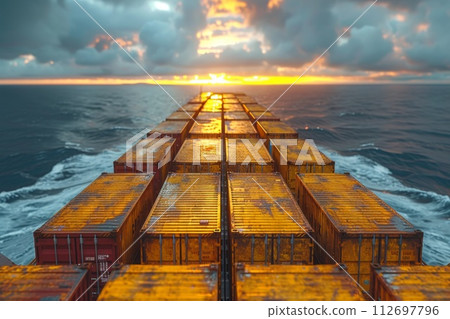 Gold containers with cargo on a container ship in the ocean 112697796