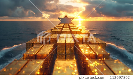 Gold containers with cargo on a container ship in the ocean 112697802