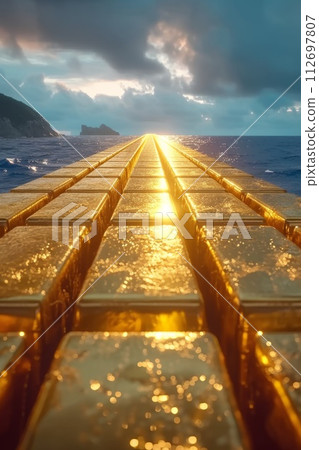 Gold containers with cargo on a container ship in the ocean Gold containers with cargo on a container ship in the ocean 112697807