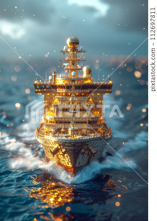 A ship with gold containers carries cargo by sea. Container ship 112697811