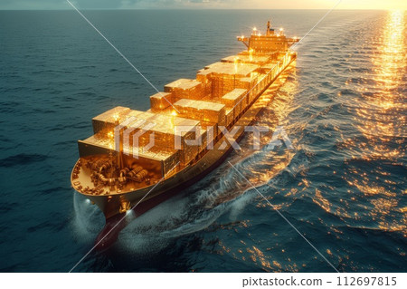 A ship with gold containers carries cargo by sea. Container ship 112697815