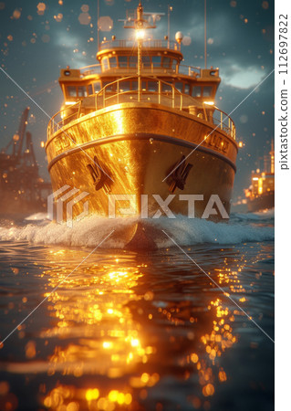 A ship with gold containers carries cargo by sea. Container ship 112697822