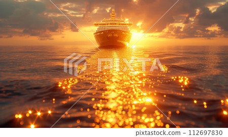A ship with gold containers carries cargo by sea. Container ship A ship with gold containers carries cargo by sea. Container ship 112697830