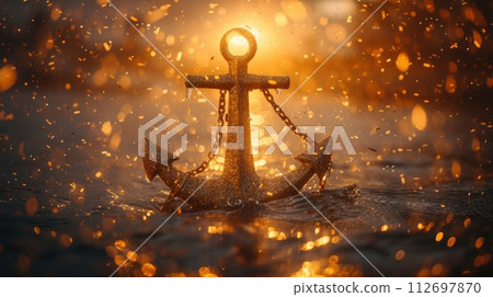 A golden anchor in the water in a golden light 112697870