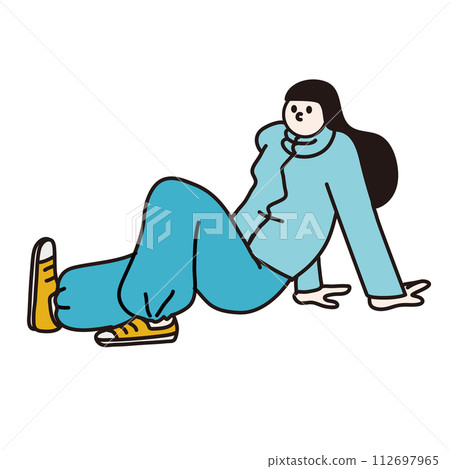 雙手放在手上坐著的女人的線條畫向量 112697965