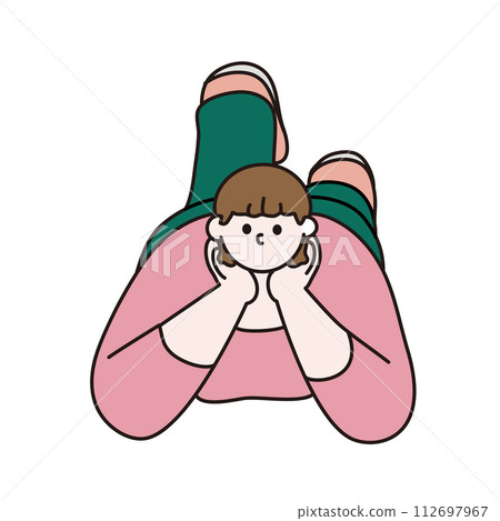 一個女人躺在她的肚子上並靠在她的肘部上的線條畫向量 一個女人躺在她的肚子上並靠在她的肘部上的線條畫向量 112697967