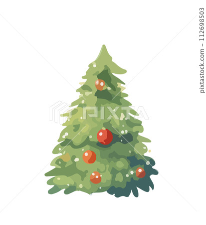 Vector illustration of decorated Christmas tree in snow on white background. Green fluffy xmas pine, isolated on white background. Cute Christmas tree in cartoon watercolor style. Vector illustration of decorated Christmas tree in snow on white background. Green fluffy xmas pine, isolated on white background. Cute Christmas tree in cartoon watercolor style. 112698503