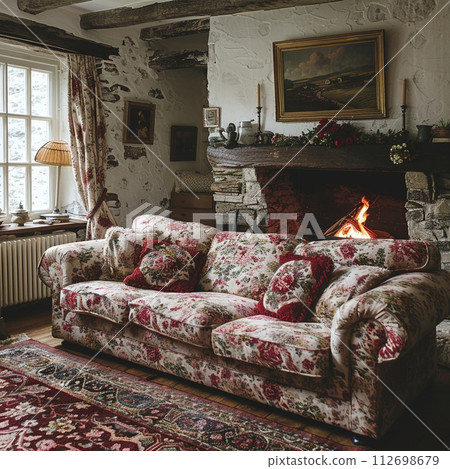 AI-generated content. Traditional English cottage living room with floral patterns and cozy fireplace AI-generated content. Traditional English cottage living room with floral patterns and cozy fireplace 112698679