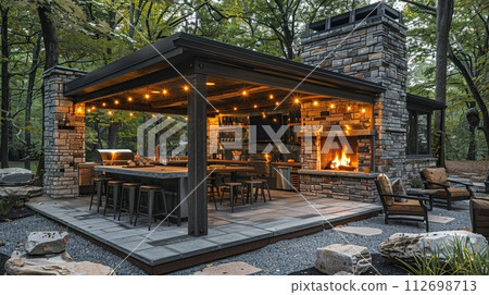 AI-generated content. Rustic outdoor kitchen and dining area with a fire pit and string lights AI-generated content. Rustic outdoor kitchen and dining area with a fire pit and string lights 112698713