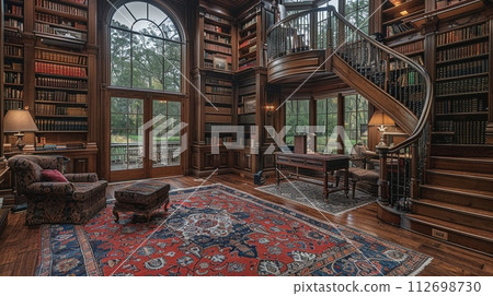 AI-generated content. Old-world study with rich wood paneling and a hidden bookcase door 112698730