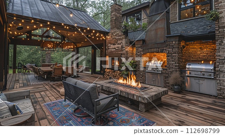 AI-generated content. Rustic outdoor kitchen and dining area with a fire pit and string lights 112698799