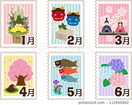 日曆標誌郵票風格一月至六月 日曆標誌郵票風格一月至六月 112698802