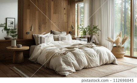 AI-generated content. Scandinavian-inspired bedroom with clean lines and a neutral color palette 112698845