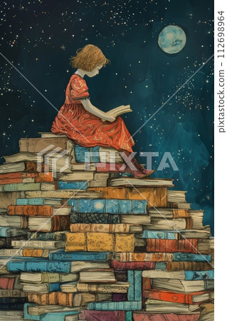 A girl is reading a book sitting on a mountain of books. Illustration 112698964