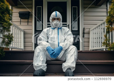 A disinfection service worker in a protective suit and gas mask sits on the porch of the house 112698970