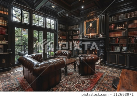 AI-generated content. Masculine den with leather furniture dark wood 112698971