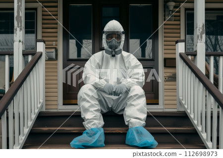 A disinfection service worker in a protective suit and gas mask sits on the porch of the house 112698973