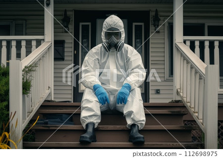 A disinfection service worker in a protective suit and gas mask sits on the porch of the house 112698975