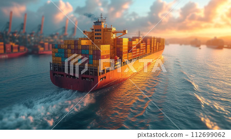 A ship with gold containers carries cargo by sea. Container ship 112699062