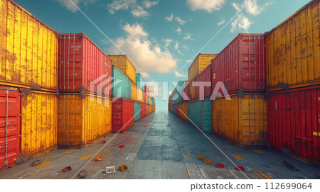 Gold containers with cargo on a container ship in the ocean 112699064