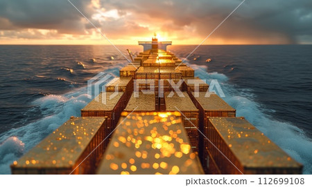 Gold containers with cargo on a container ship in the ocean 112699108