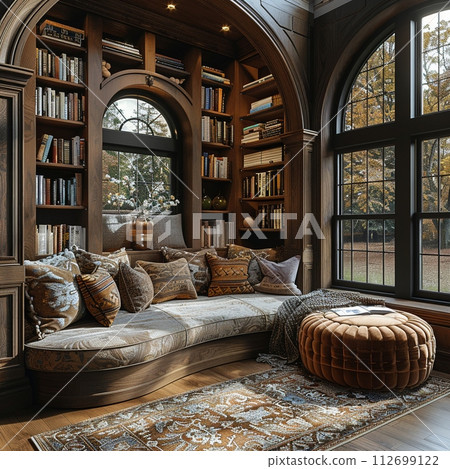AI-generated content. Warm-toned library with built-in bookshelves and a cozy reading nook AI-generated content. Warm-toned library with built-in bookshelves and a cozy reading nook 112699122